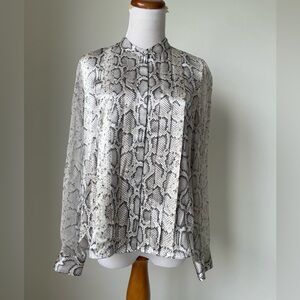 Elie Tahari 100% Silk Beige Black Snakeskin Print Long Sleeve Blouse Top Office